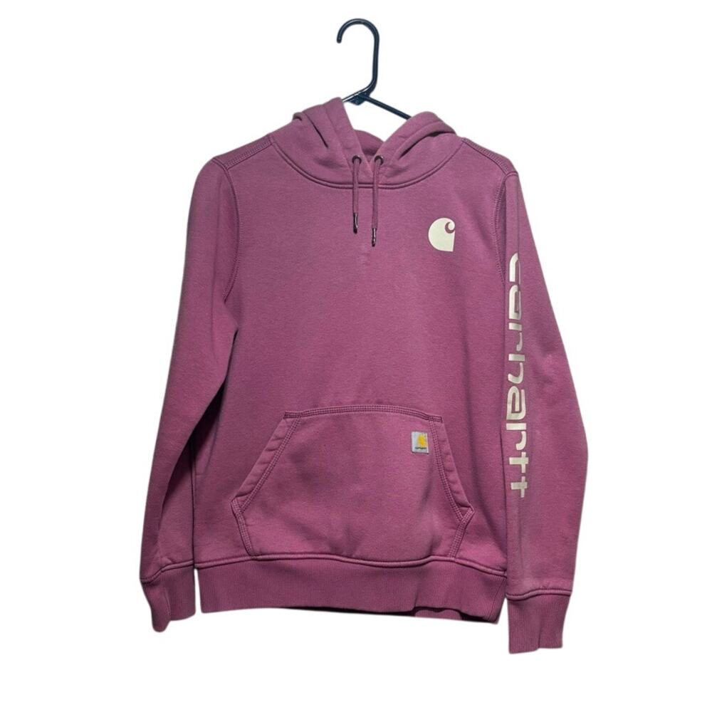 Carhartt Women's Relaxed Fit Logo Sleeve Hoodie Size S Mauve Pink Pullover